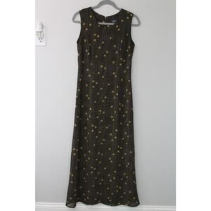 Whimsigoth Lined Maxi Green/Gray Dress w/ Yellow Flowers